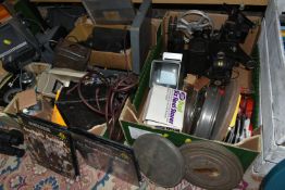 FOUR BOXES AND LOOSE VINTAGE CINE AND PHOTOGRAPHIC EQUIPMENT AND ACCESSORIES, to include a Kodascope