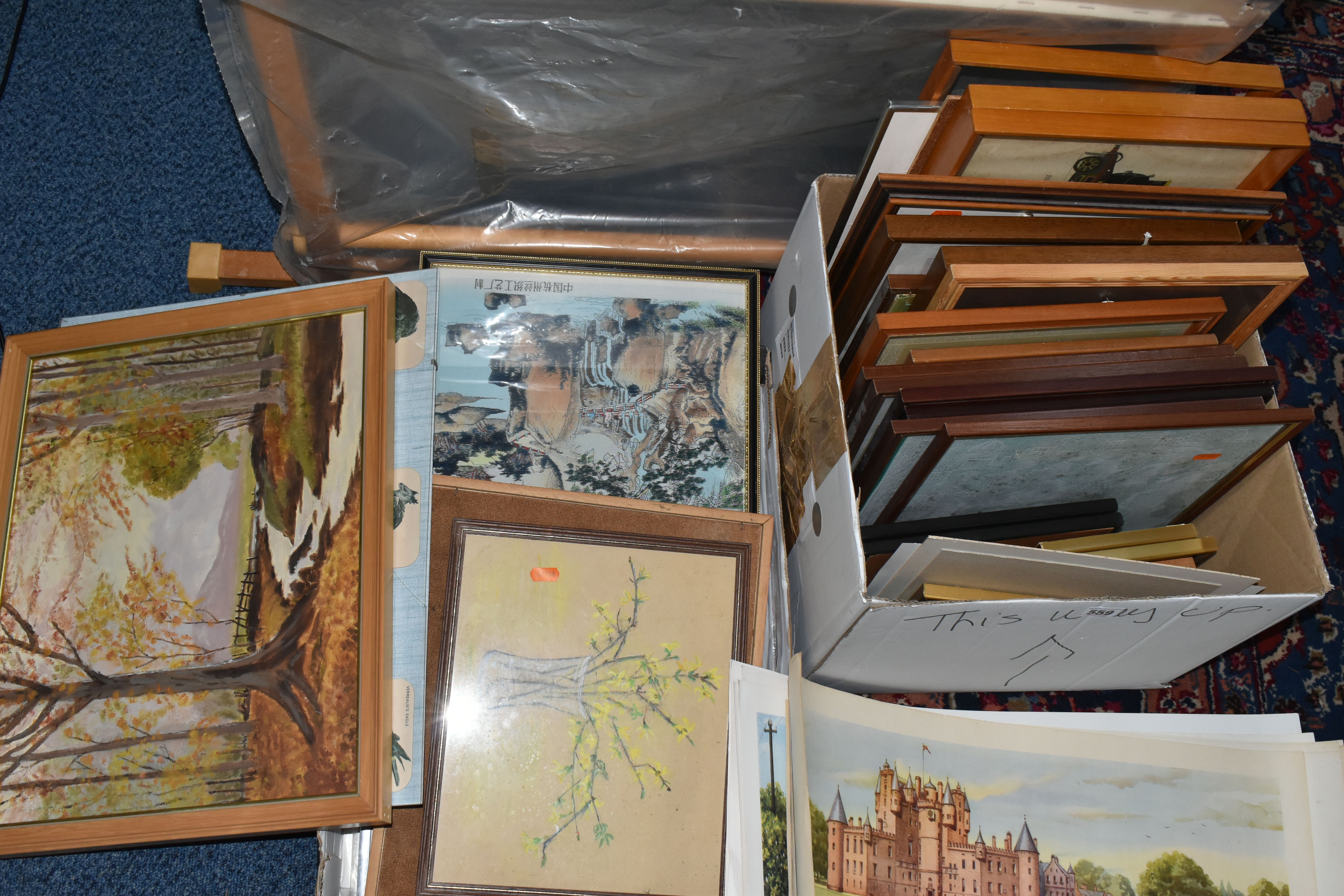 A BOX AND LOOSE ASSORTED PICTURES AND PRINTS ETC, to include original Railway carriage prints M.V. - Image 2 of 3