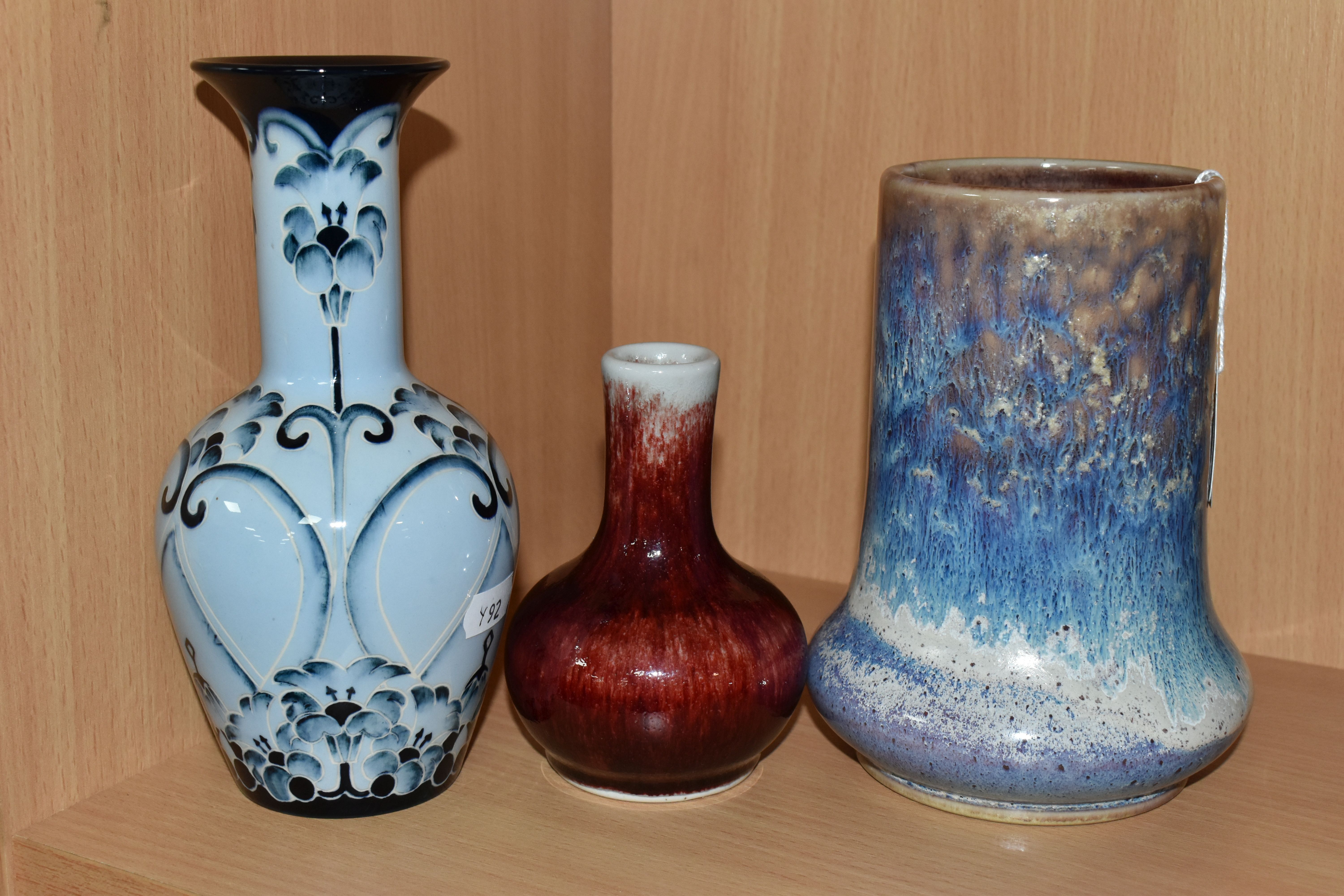 A GROUP OF THREE COBRIDGE STONEWARE VASES, comprising a mottled blue, white and purple vase, - Image 2 of 5