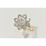 A 9CT GOLD CUBIC ZIRCONIA CLUSTER RING, the circular cubic zirconia in claw settings, 9ct