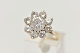 A 9CT GOLD CUBIC ZIRCONIA CLUSTER RING, the circular cubic zirconia in claw settings, 9ct