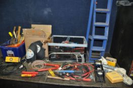 THREE BOXES OF AUTOMOTIVE AND ENGINEERING TOOLS including a Halfords battery charger, car ramps,