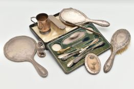 ASSORTED SILVER ITEMS, to include a hand held mirror, hallmarked Birmingham, two hair brushes each