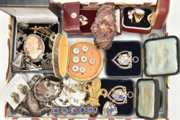 A SELECTION OF SILVER AND WHITE METAL JEWELLERY AND ITEMS, to include three silver and enamel fob