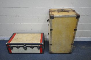 A VINTAGE PALE TAN WARDROBE TRUNK, 58cm squared x height 110cm, along with another traveling