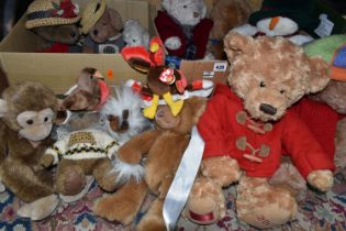 TWO BOXES OF VINTAGE TEDDY BEARS AND SOFT TOYS, to include a Russ 'Jimby' and 'Geoffrey', 2002