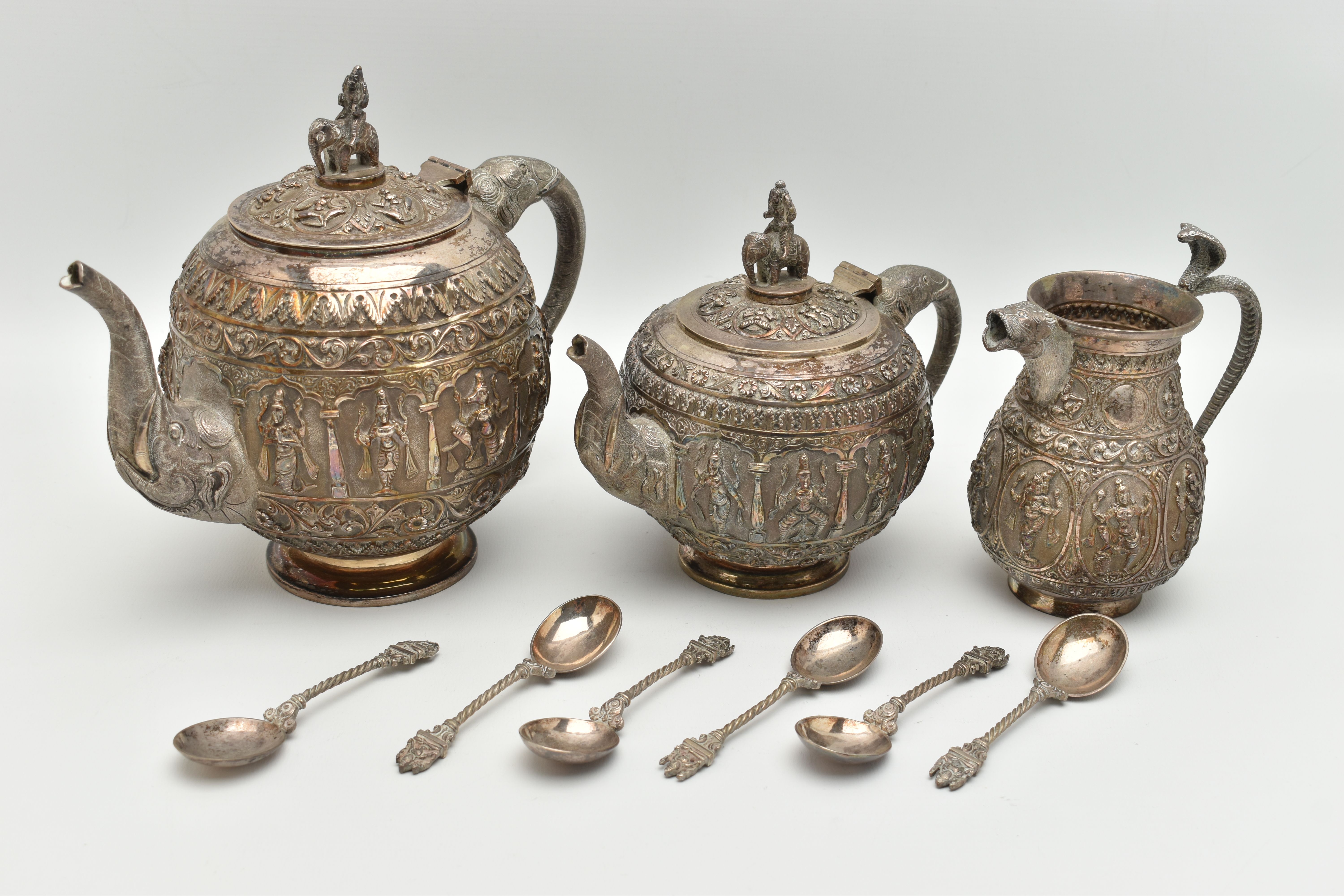 A LATE 19TH CENTURY INDIAN TEA SET, to include a tea pot, water pot, milk jug and six spoons, all - Image 5 of 5