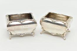 A PAIR OF GEORGE V SILVER SALTS, each of a rectangular form with swag detail to the rim, raised on