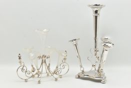 TWO SILVER PLATE EPERGNES, the first a four piece set, with four removeable tapering vases, the