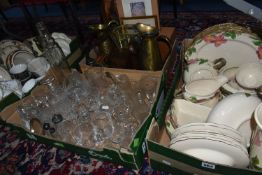 FOUR BOXES OF CERAMICS, GLASS AND SUNDRY ITEMS ETC, to include two Whitefriars Glacier whisky