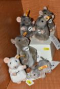 A GROUP OF STEIFF MICE, comprising 'Pieps' mouse 056130, height 11cm, three 'Piff' Mice 056222,