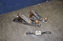 THREE STANLEY WOOD PLANES comprising of a No5 1/2 smoothing plane, a No4 and a No151 spokeshave (