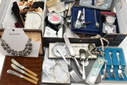 A BOX OF ASSORTED COSTUME JEWELLERY AND CUTLERY, to include a silver handled 'Baby' carved bone hair