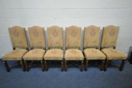 A SET OF SIX CONTEMPORARY OAK FRAMED CHAIRS, with beige and purple upholstery and shaped cross