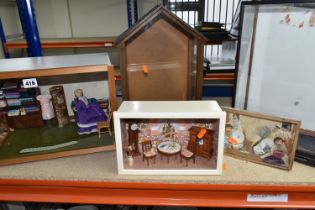 A COLLECTION OF THREE DIORAMA AND TWO GLASS DISPLAY CASES, comprising a Haberdashery shop' Fabrics
