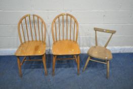 A PAIR OF ERCOL ELM AND BEECH KITCHEN CHAIRS, along with an Ercol style child's stacking chair (
