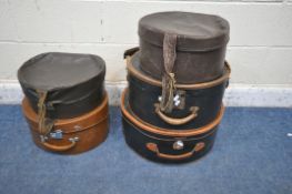 FIVE HAT TRAVEL BOXES, of various colours styles and sizes (condition report: all with wear and