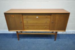 POSSIBLY GORDON RUSSELL, A MID CENTURY TEAK SIDEBOARD, fitted with two cupboard doors, flanking