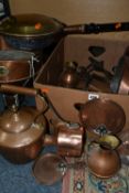ONE BOX AND LOOSE METALWARE, to include a copper 'Gaskell & Chambers ltd- Preston' grain funnel, a