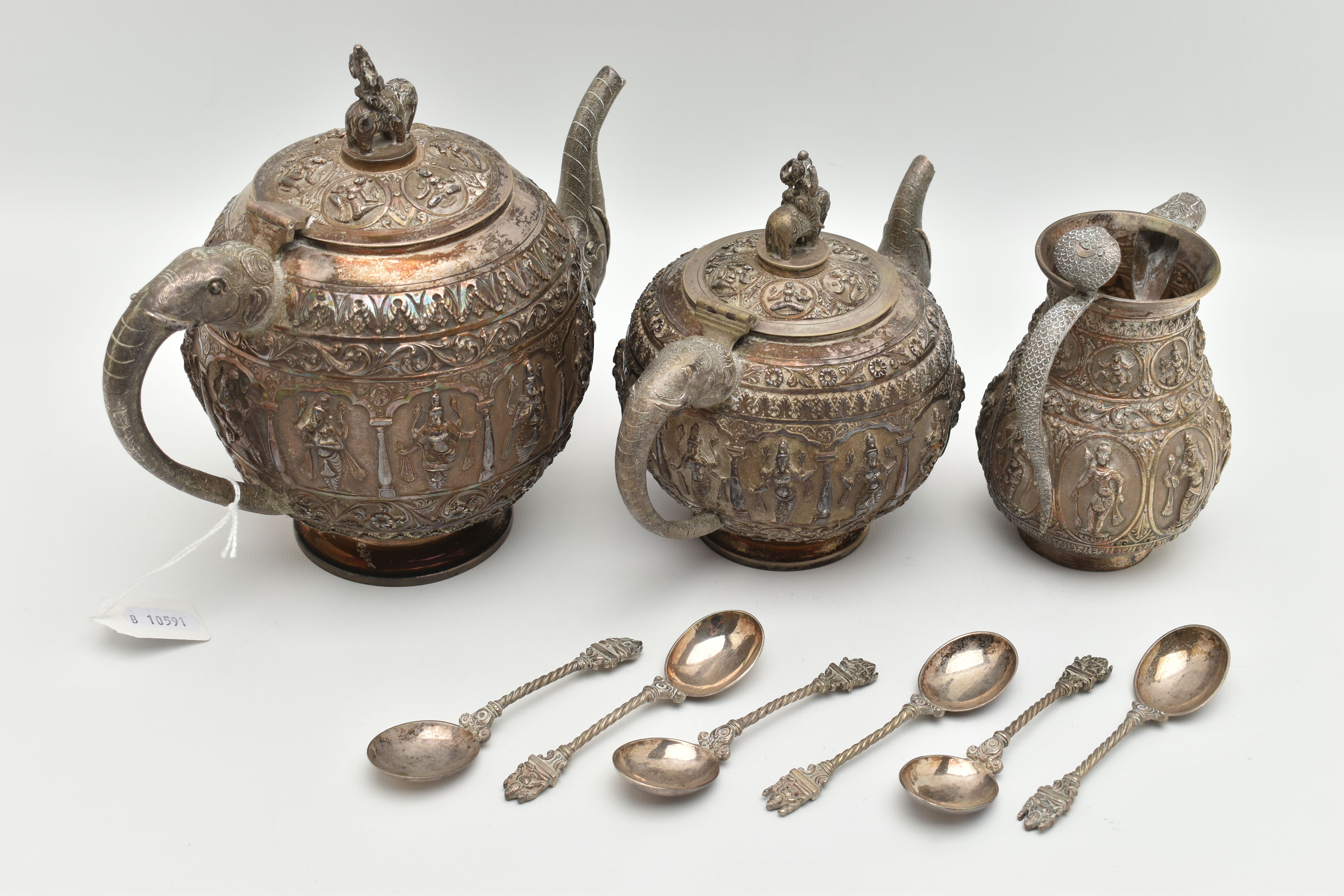 A LATE 19TH CENTURY INDIAN TEA SET, to include a tea pot, water pot, milk jug and six spoons, all - Image 4 of 5
