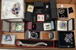 A BOX OF ASSORTED SILVER AND WHITE METAL JEWELLERY, to include a silver plaited bracelet, hallmarked