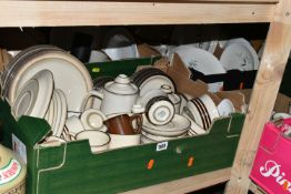 SIX BOXES OF CERAMICS AND DINNERWARE, to include a large quantity of Denby 'Sahara' design dinner