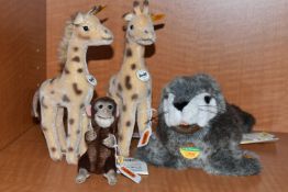 A GROUP OF STEIFF ANIMALS, comprising 'Jocko' Chimpanzee 040542,height 10cm, two 'Greta' Giraffe
