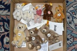 A BOX CONTAINING EIGHT MINIATURE STEIFF MOHAIR TEDDY BEARS, comprising 040009, two 040023, 039348,