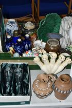 TWO BOXES AND LOOSE CERAMICS AND GLASS, to include three blue floral pattern vases with silver