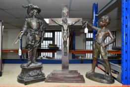 TWO SPELTER FIGURES AND A STANDING CRUCIFIX, comprising a Cavalier Soldier entitled 'Vendume' (