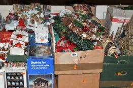 FIVE BOXES AND LOOSE CHRISTMAS DECORATIONS AND ORNAMENTS, to include fibre optic house ornaments,