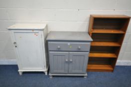 A GREY PAINTED PINE CABINET, with a single drawer, above two cupboard doors, width 78cm x depth 46cm