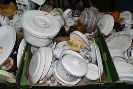 SIX BOXES OF ASSORTED TEA AND DINNERWARES ETC, to include BHS Priory, Alfred Meakin, Studio, a hen