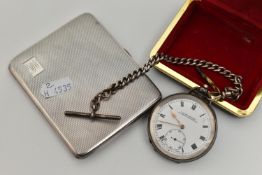 A SILVER OPEN FACE POCKET WATCH WITH ALBERT CHAIN AND A CIGARETTE CASE, key wound movement, round