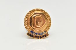 A YELLOW METAL BADGE, yellow metal with blue enamel detail, awarded for 45 years service,