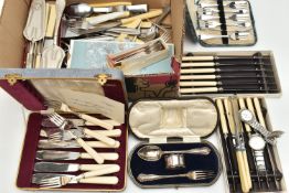 A BOX OF ASSORTED CUTLERY, to include a cased silver plated christening set, a cased set of fish