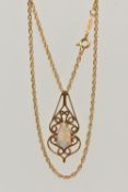 AN 18CT GOLD OPAL PENDANT WITH CHAIN, open work scrolling pattern pendant, set with a pear cut