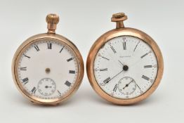 TWO GOLD PLATED OPEN FACE POCKET WATCHES, both AF, the first manual wind, round white Roman