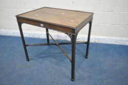 A 20TH CENTURY MAHOGANY RECTANGULAR CENTRE TABLE, with open fretwork detail, united by a cross