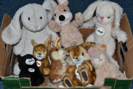 ONE BOX OF STEIFF RABBITS, to include eight Steiff bunnies, Timmy, Hoppel, Poppel, etc. most have