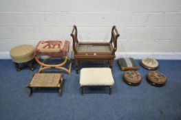 A VARIETY OF PERIOD STOOLS, to include a pair of Georgian circular footstools, another circular