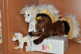 TWO STEIFF HORSES AND TWO STEIFF UNICORNS, ONE BEING A KEYRING, comprising 'Starly', no.015007,