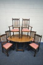 A 20TH CENTURY OAK OVAL BARLEY TWIST GATE LEG TABLE, open width 152cm x depth 106cm x height 75cm,