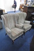 TWO PARKER KNOLL UPHOLSTERED WING BACK ARMCHAIRS, one stripped and the other beige (condition