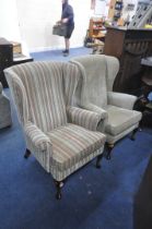 TWO PARKER KNOLL UPHOLSTERED WING BACK ARMCHAIRS, one stripped and the other beige (condition