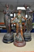THREE FRENCH BRONZED SPELTER FIGURES, supported by circular wooden bases, comprising 'Jeuness',