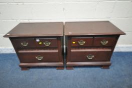 A PAIR OF REPRODUCTION MAHOGANY TWO DRAWER BEDSIDE CHESTS, on ogee style feet, width 65cm x depth