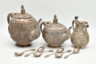 A LATE 19TH CENTURY INDIAN TEA SET, to include a tea pot, water pot, milk jug and six spoons, all