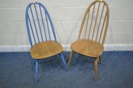 TWO ERCOL ELM AND BEECH QUAKER BACK CHAIRS (condition report: one partially painted blue, both