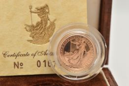 A ROYAL MINT BOXED GOLD BRITANNIA 1/10th OZ PROOF COIN, No.1677 with certificate of authenticity
